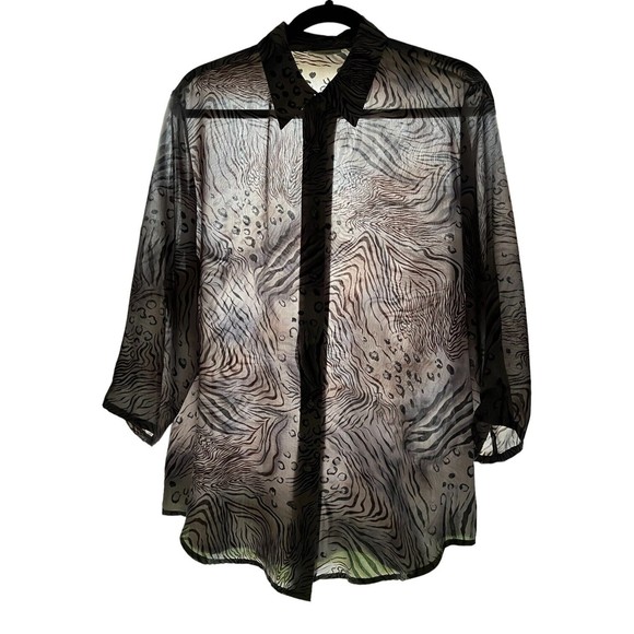 Riva 100% Silk Animal Print Button Up Blouse M Medium 3/4 Sleeve Zebra Leopard - Picture 5 of 12